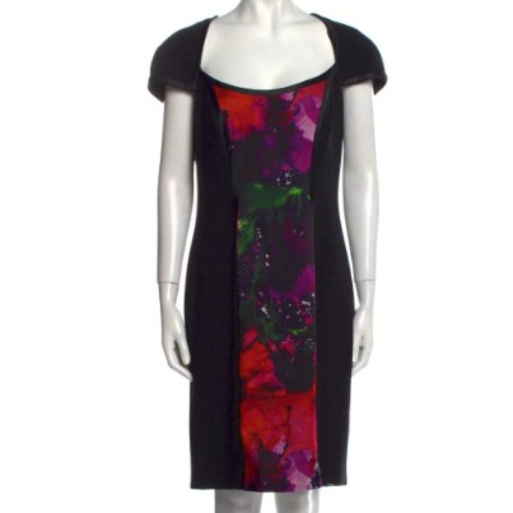 Theia Black Colorful Abstract Print Knee Length Dress, Size 12